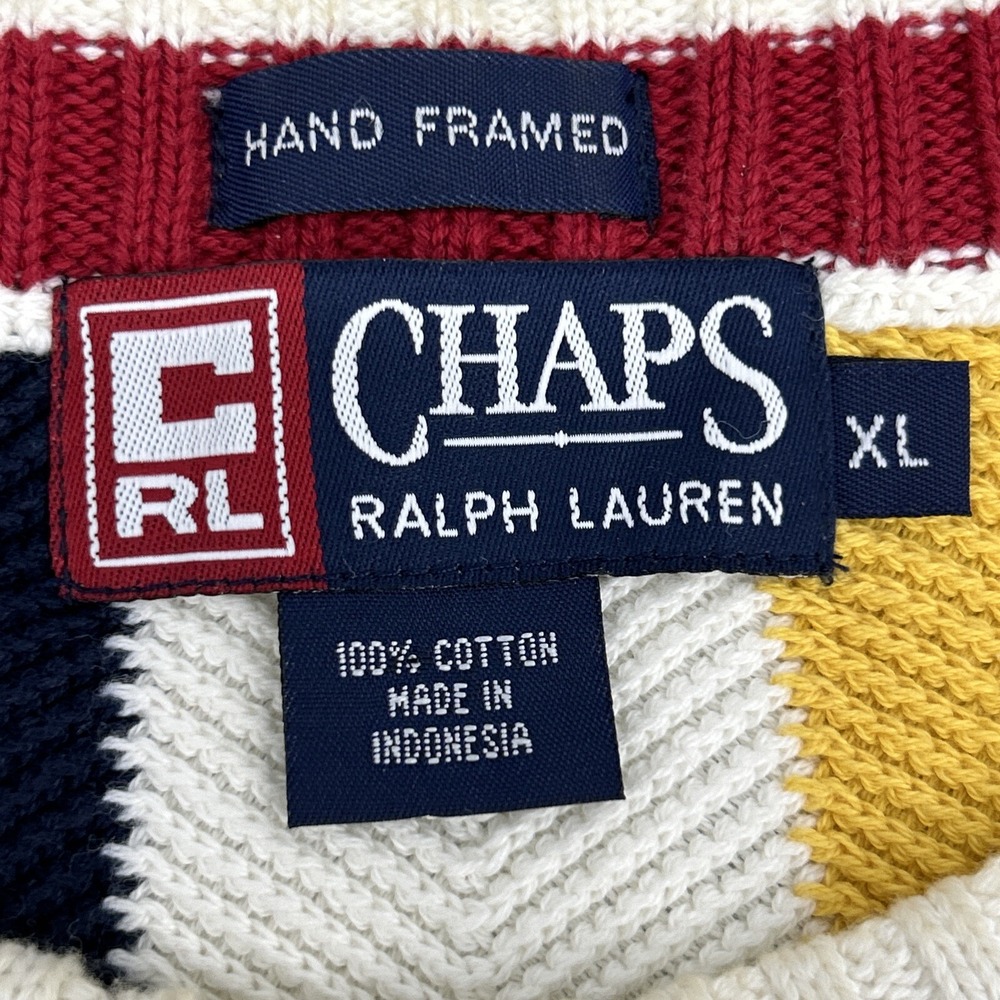 Chaps Ralph Lauren Sweater Men's XL Hand Framed Multicolored Striped Vintage 80s - Picture 2 of 8